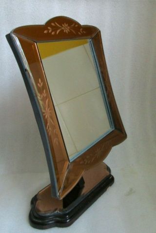 VTG Art Deco STANDING Vanity Dressing Table Engraved Mirror Cherry Wood Finish 2