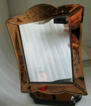 VTG Art Deco STANDING Vanity Dressing Table Engraved Mirror Cherry Wood Finish 3