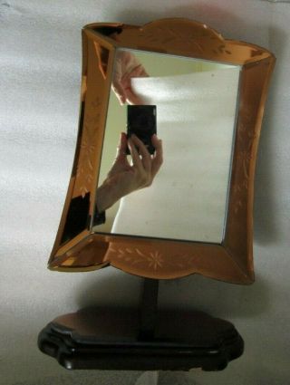 VTG Art Deco STANDING Vanity Dressing Table Engraved Mirror Cherry Wood Finish 5