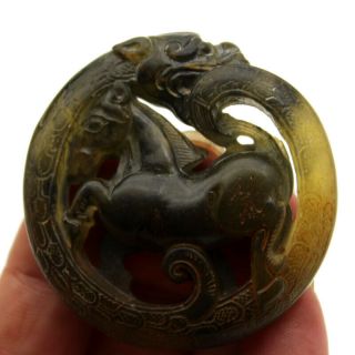 P175 Ancient Chinese Old Jade Handcarved Dragon Horse Amulet Pendant 2.  1 "