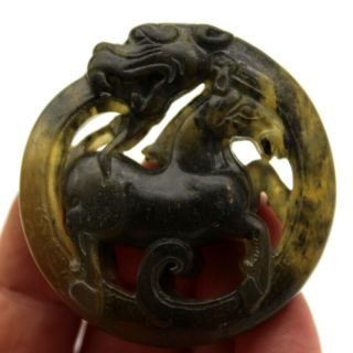 P175 Ancient Chinese Old Jade Handcarved Dragon Horse Amulet Pendant 2.  1 
