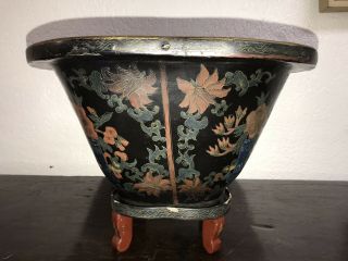 Antique Chinese Black Lacquer Bowl Pot With Stand Bats And Flower Designs Estate