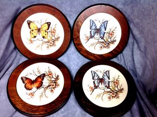 Wooden Trivets Ceramic Insert With Butterfly Design Set Of 4
