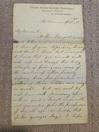 April 1865 Letter End Of Civil War United States Sanitary Commission Woman