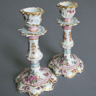 Pr Rare 19thc Hp French Porcelain Candlesticks Bourdois & Bloch Dresden Flowers