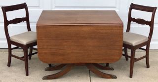 Antique Duncan Phyfe Style Walnut Drop Leaf Table W/ Brass Feet & 2 Wood Chairs