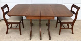 Antique Duncan Phyfe Style Walnut Drop Leaf Table w/ Brass Feet & 2 Wood Chairs 4