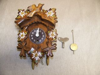 Vintage Mini Wooden Wall Clock With Key And Pendulum Hour Hand Is Loose