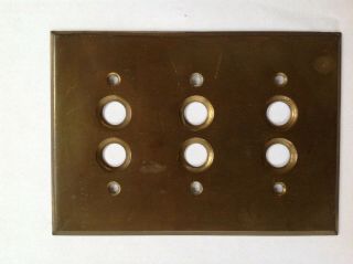 Antique Solid Brass Triple Gang Push Button Switch Plate.  Circa 1920.