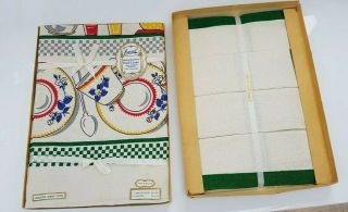 Vintage Irish Linen Hand Screen Print Tablecloth & Napkins Orig Box 1950s Retro