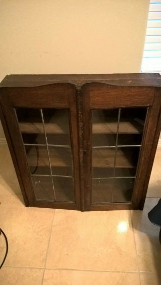 Antique Wooden Wall Display Cabinet - With Shelves And Glass Doors.