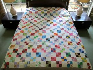 Full Vintage Feed Sack Machine Pieced Simple Irish Chain - Four Patch Quilt Top