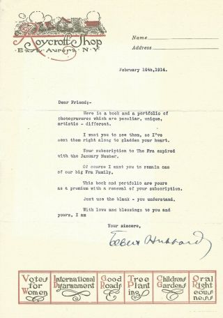 Roycroft Elbert Hubbard Signed Letter - 1914