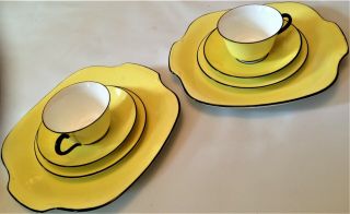 Art Deco Cups Saucers X2 Trios Crown Staffordshire Yellow,  X2 Sandwich Plates