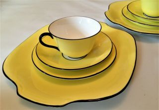 Art Deco Cups Saucers X2 Trios Crown Staffordshire Yellow,  X2 Sandwich Plates 2