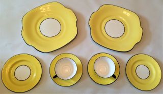 Art Deco Cups Saucers X2 Trios Crown Staffordshire Yellow,  X2 Sandwich Plates 3