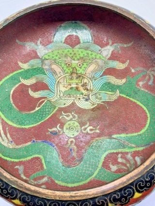 Antique Oriental Brass and Enamel Cloisanne Dragon Bowl with vintage stand 2
