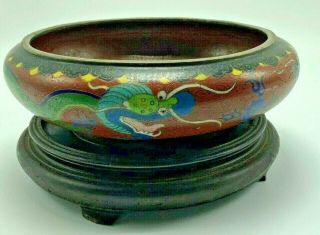 Antique Oriental Brass and Enamel Cloisanne Dragon Bowl with vintage stand 3
