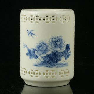 Chinese Porcelain Hand - Painted Flowers & Birds Brush Pot W Qianlong Mark R1125
