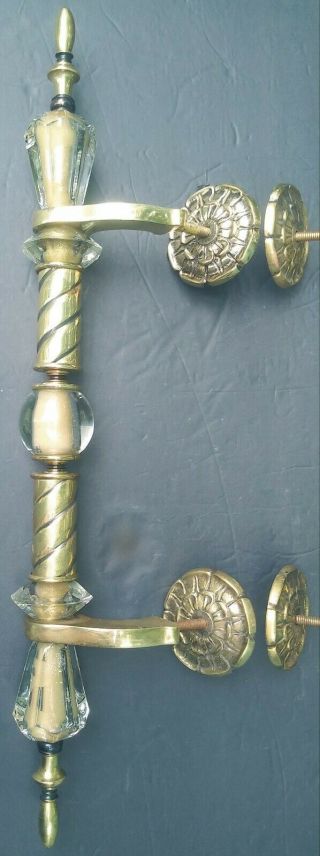 Pair 2 Vintage Brass & Glass Door Push Pull Handles Grab Bar 24 