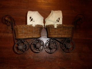 2 Vintage Style Baby Doll Stroller Wicker Wood Metal Carriage Buggy Toy