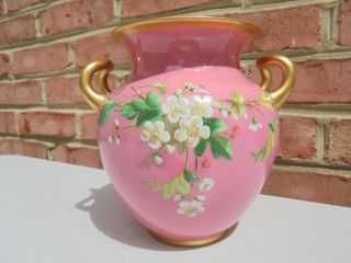 Antique Minton Mintons Porcelain Hp Hdld Vase Pink Ground Flowers Gold Trim