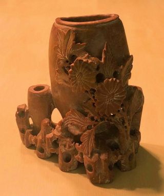 Antique Chinese Reddish Brown Soapstone Vase Carving 6 " X 5.  75 "