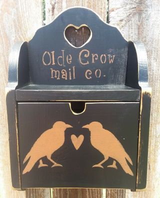 Primitive Decor Black Olde Crow Birds Wood Mail Storage Box Letter Holder