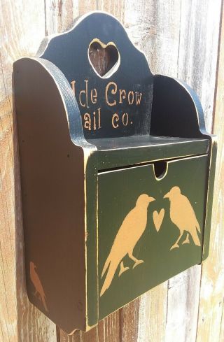 Primitive decor black olde crow birds wood mail storage box letter holder 2