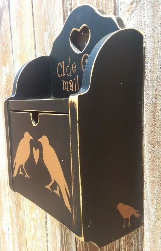 Primitive decor black olde crow birds wood mail storage box letter holder 3
