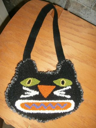 Primitive Punch Needle " Halloween " Black Cat Cupboard Hanger