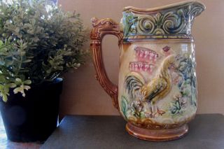 Antique Frie Onnaing French Majolica Birds & Floral Pattern With Dragon Handle