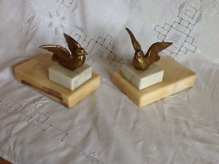 Pair French Art Deco Spelter Birds Marble Book Ends/garnitures 1930 