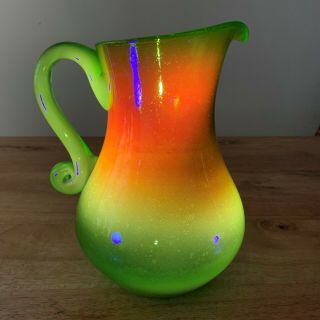 Rare Victorian Bohemian Vaseline Art Glass Pitcher Hand Blown Green Bubbled Jug