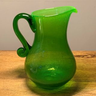 Rare Victorian Bohemian Vaseline Art Glass Pitcher Hand Blown Green Bubbled Jug 2