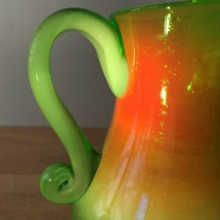 Rare Victorian Bohemian Vaseline Art Glass Pitcher Hand Blown Green Bubbled Jug 3