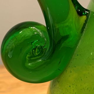 Rare Victorian Bohemian Vaseline Art Glass Pitcher Hand Blown Green Bubbled Jug 4