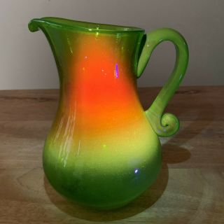 Rare Victorian Bohemian Vaseline Art Glass Pitcher Hand Blown Green Bubbled Jug 5