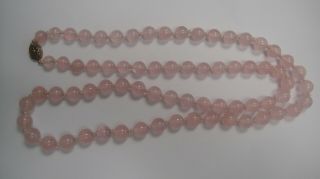 Long Vintage Chinese Rose Quartz Bead Necklace Silver Filigree Clasp