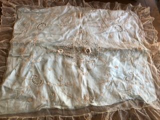 Vintage French Tambour Lace Pillow Case Embroidered Flowers 34” X28”