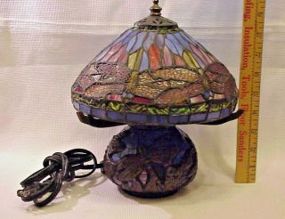 Vintage Leaded Stained Glass Dragonfly Lamp / Light Mosaic Base Small Table Lamp