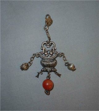 Antique China Top Aged Silver Buddhist Amulet Pendant Carnelian Bead