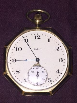 Elgin Illinois Pocket Watch Gold Plated Octagonal Giant Case.  - A329