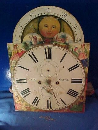 19thc Grandfathers Clock Orig Tin Moon Face Painted Dial W Walsall England
