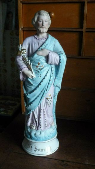 Antique Bisque Porcelain St Joseph Statue Figurine