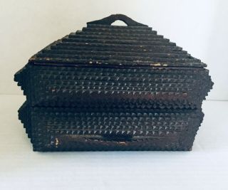 Tramp Art Americana Wooden Cigar Box Chip Carved