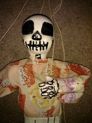 Vintage Skeleton Marionette Baked Clay Head Wooden Body 15 Inches.  30 " Overall