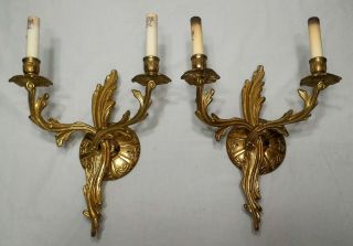 Set Of 2 Vintage Double Candle Electric Light Wall Sconces / Fixtures & Shades