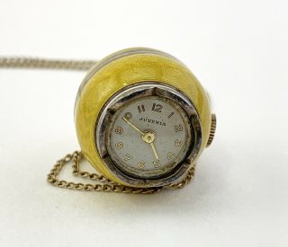 Antique Juvenia Pendant Ball Watch Guilloche Enamel Swiss Signed Necklace
