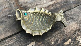 Vintage Art Deco Brass Netal Fish Ashtray With Green/blue Eye